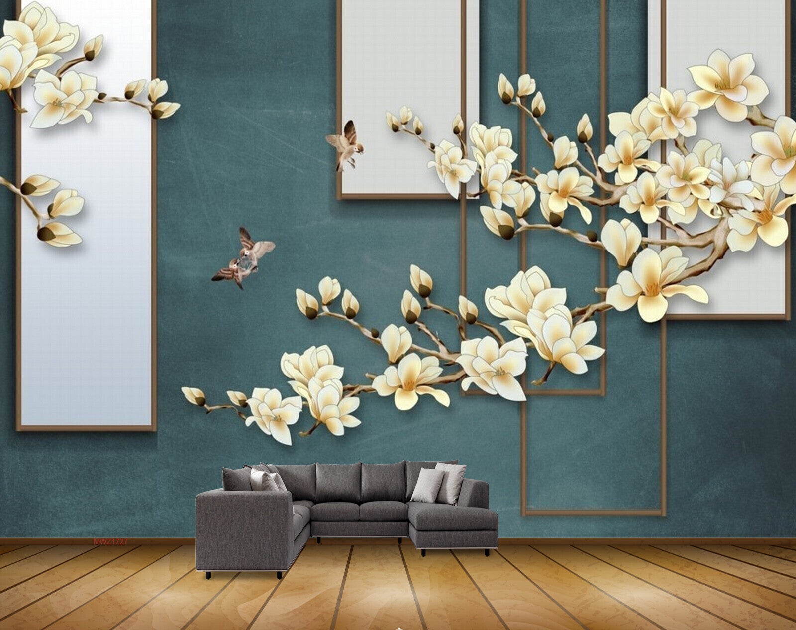 Avikalp MWZ1727 White Yellow Flowers Branches Birds 3D HD Wallpaper
