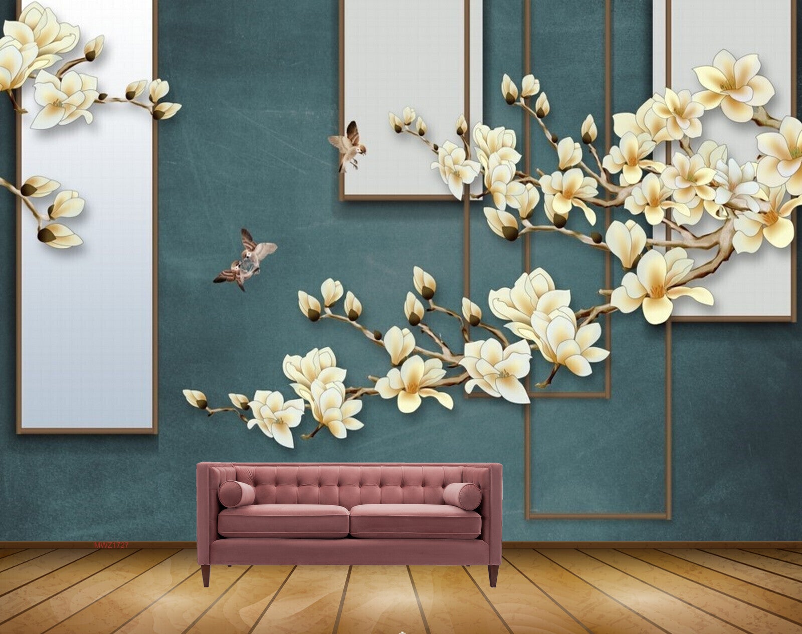 Avikalp MWZ1727 White Yellow Flowers Branches Birds 3D HD Wallpaper