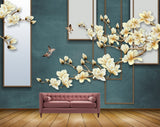 Avikalp MWZ1727 White Yellow Flowers Branches Birds 3D HD Wallpaper