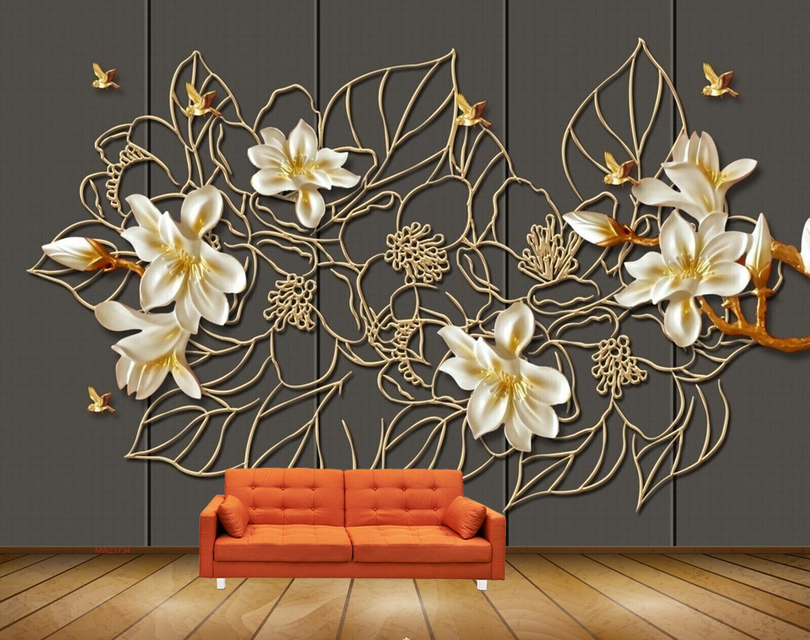 Avikalp MWZ1734 White Golden Flowers Leaves Birds HD Wallpaper