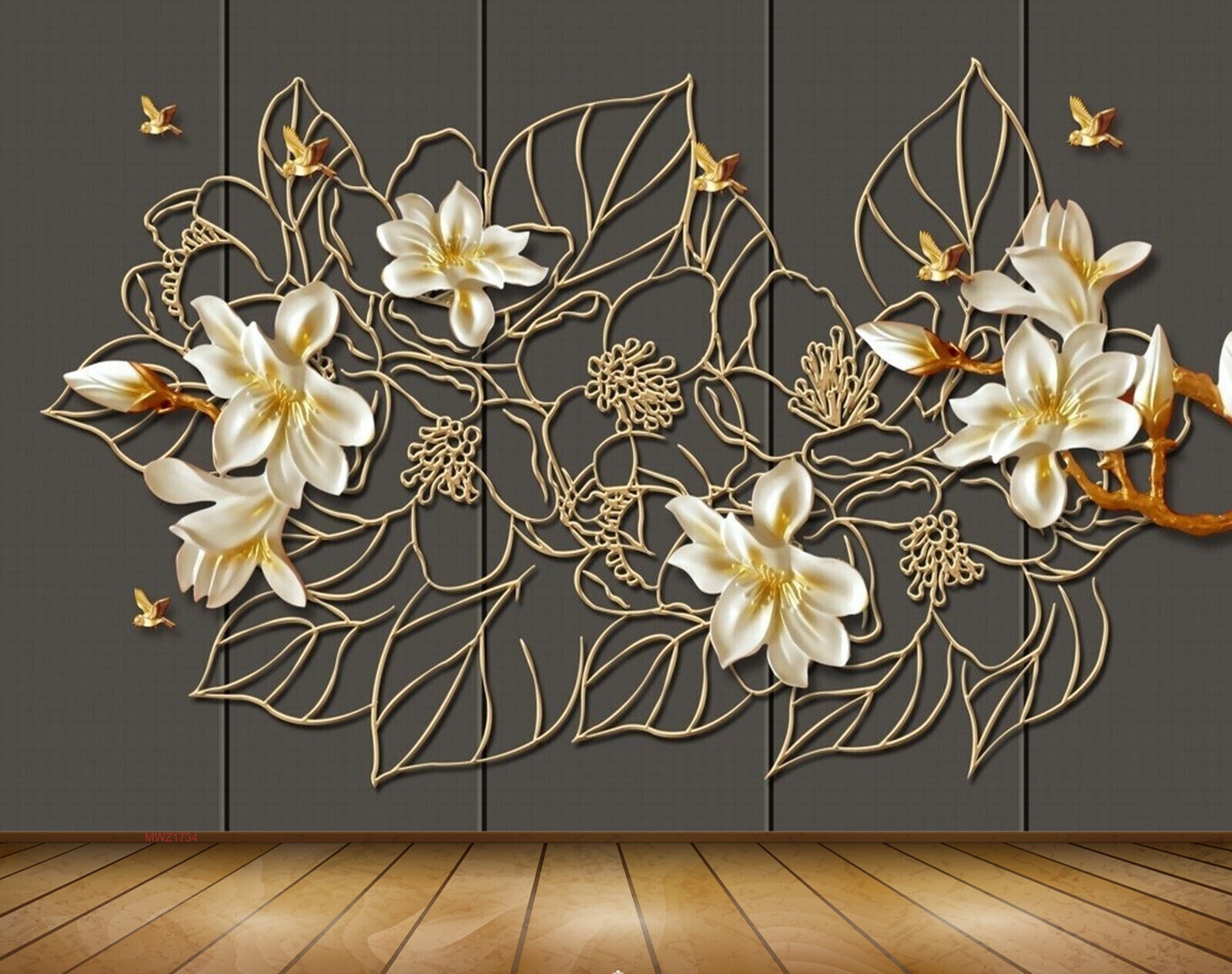Avikalp MWZ1734 White Golden Flowers Leaves Birds 3D HD Wallpaper