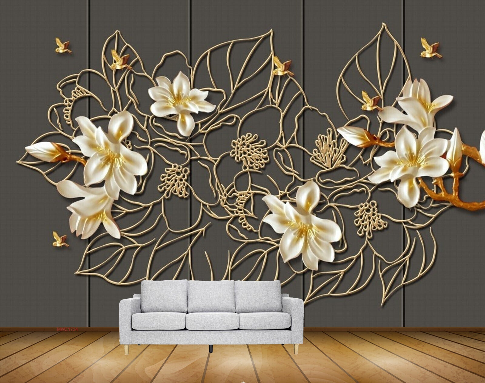 Avikalp MWZ1734 White Golden Flowers Leaves Birds 3D HD Wallpaper