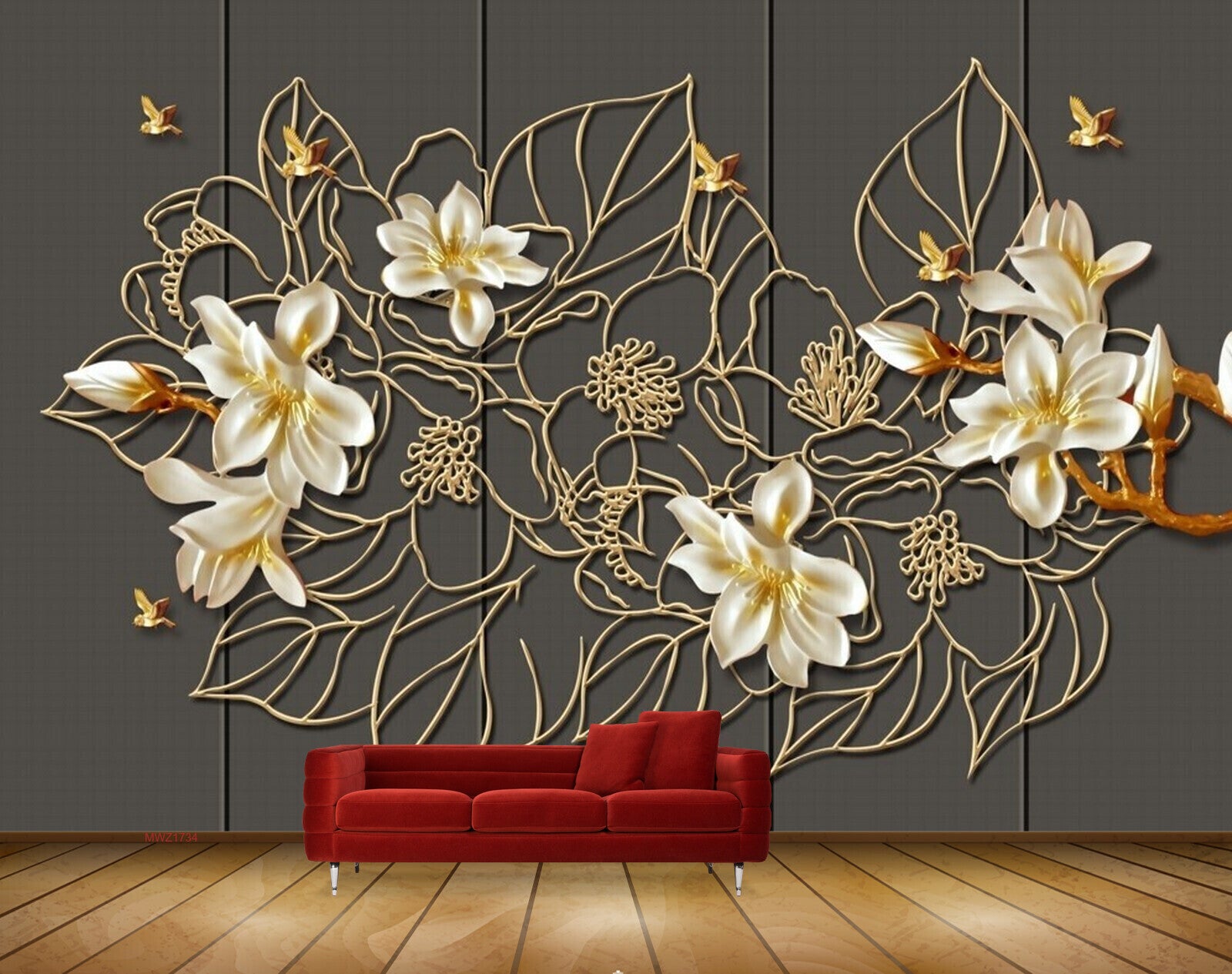 Avikalp MWZ1734 White Golden Flowers Leaves Birds 3D HD Wallpaper