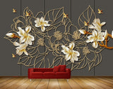 Avikalp MWZ1734 White Golden Flowers Leaves Birds 3D HD Wallpaper