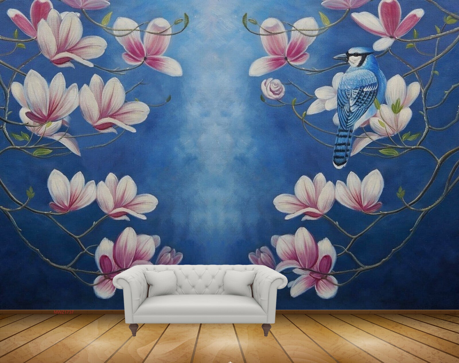 Avikalp MWZ1737 Pink White Blue Flowers Bird HD Wallpaper
