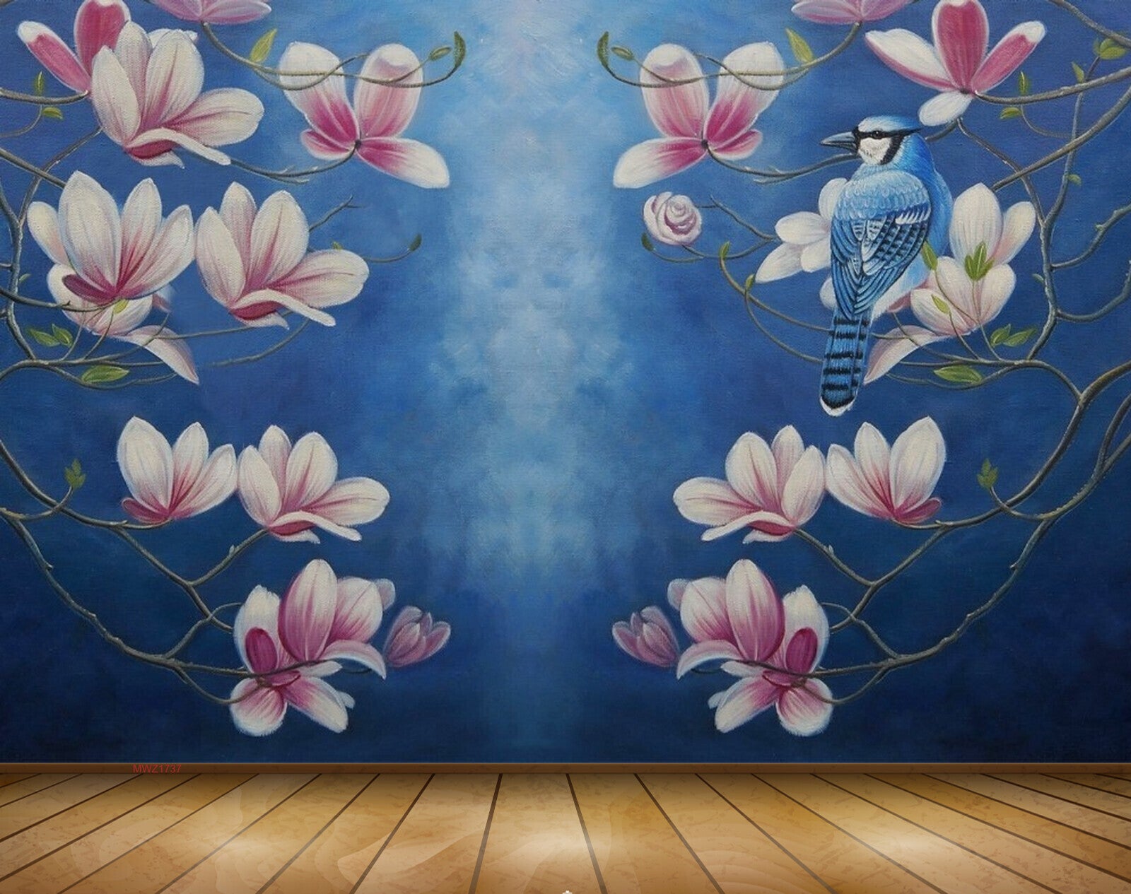 Avikalp MWZ1737 Pink White Blue Flowers Bird 3D HD Wallpaper