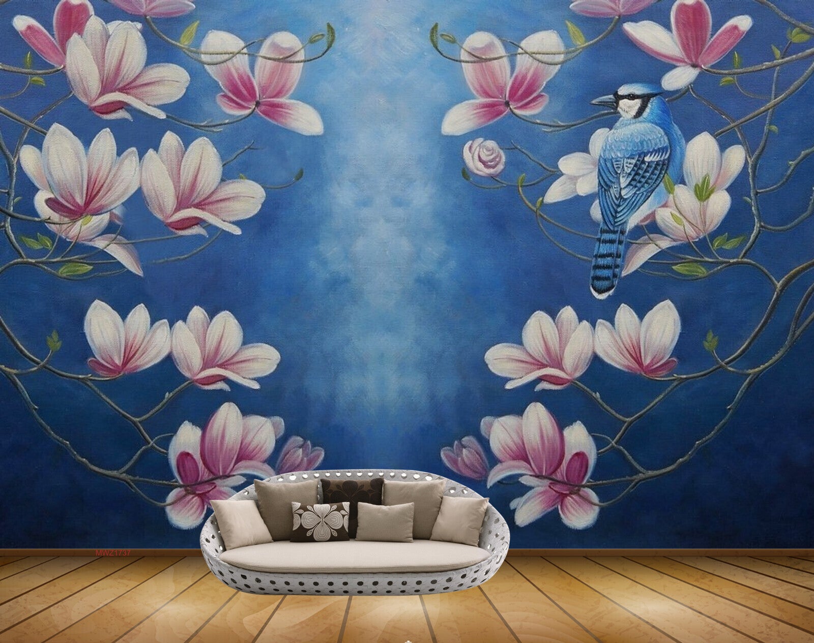 Avikalp MWZ1737 Pink White Blue Flowers Bird 3D HD Wallpaper