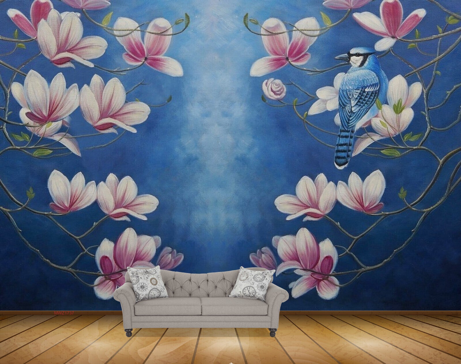 Avikalp MWZ1737 Pink White Blue Flowers Bird 3D HD Wallpaper