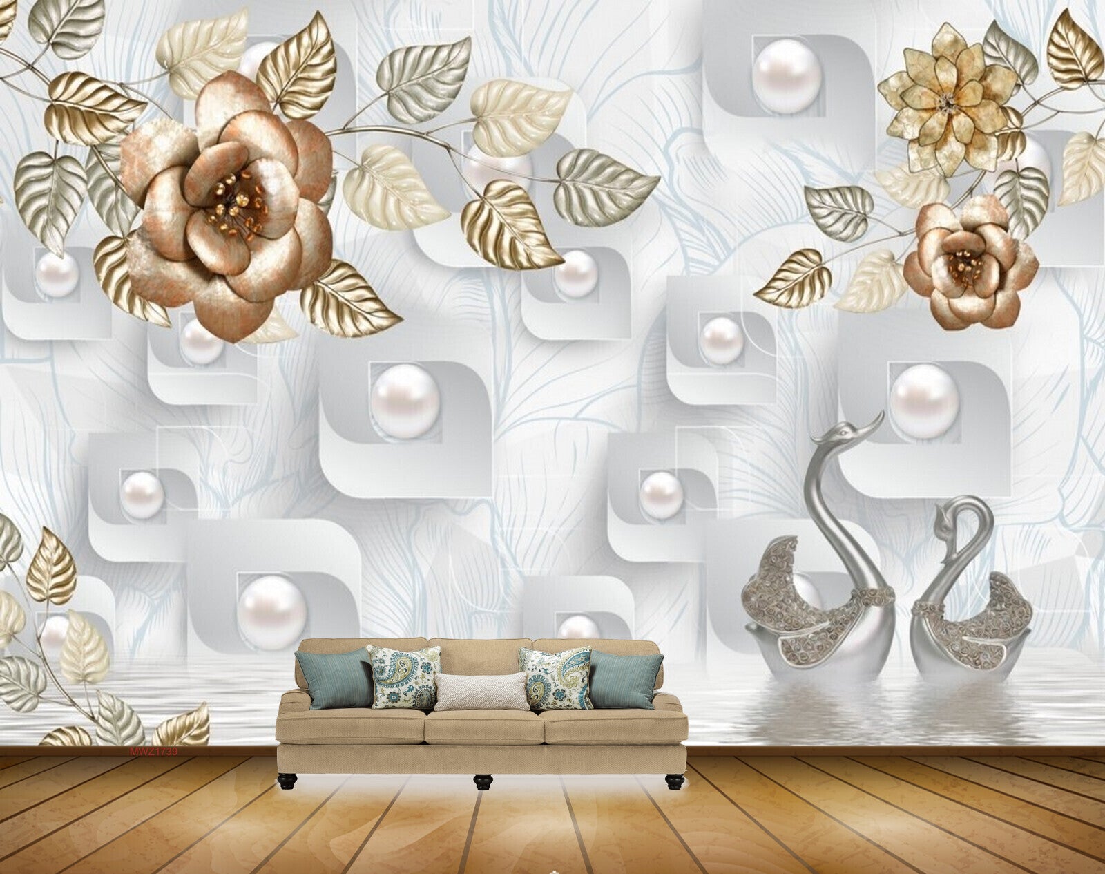 Avikalp MWZ1739 Golden Flower Cranes HD Wallpaper