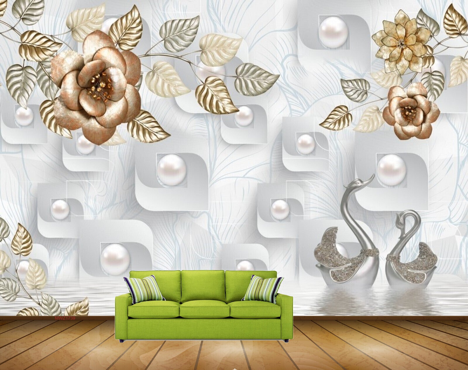 Avikalp MWZ1739 Golden Flower Cranes 3D HD Wallpaper