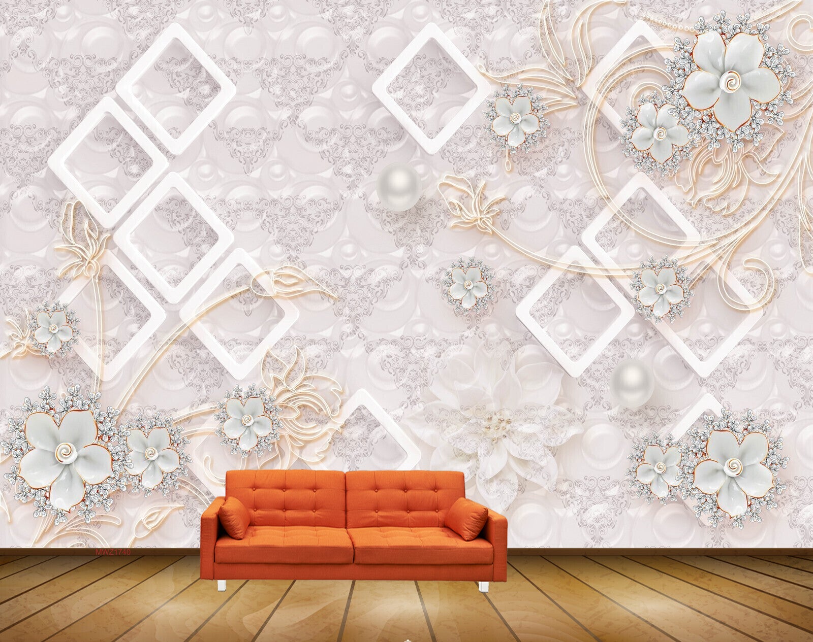 Avikalp MWZ1740 White Flowers Leaves Pearls HD Wallpaper