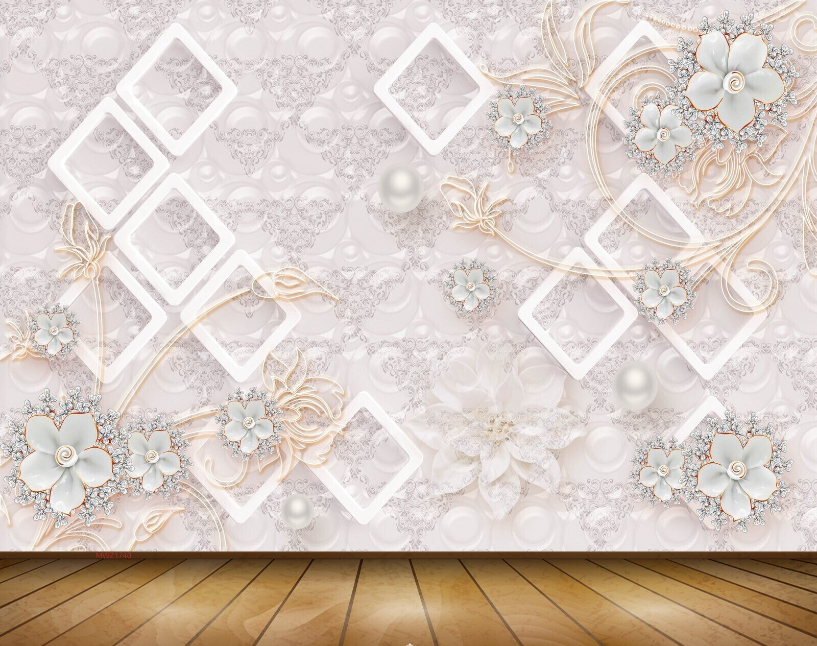 Avikalp MWZ1740 White Flowers Leaves Pearls 3D HD Wallpaper