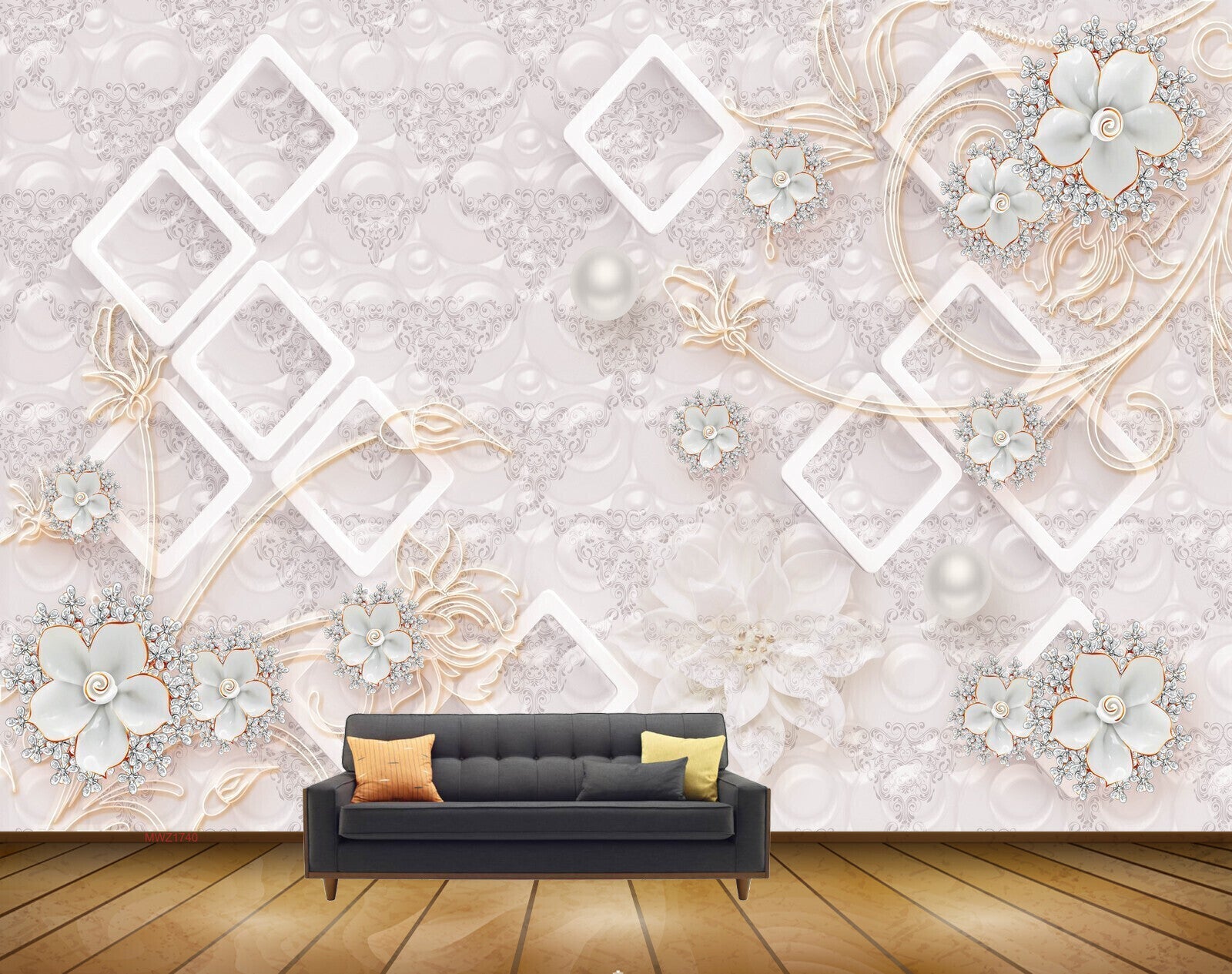 Avikalp MWZ1740 White Flowers Leaves Pearls 3D HD Wallpaper