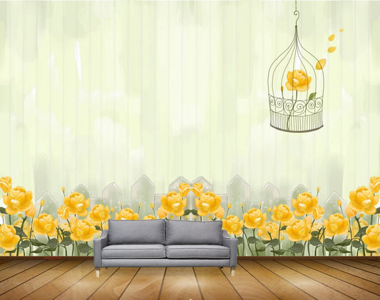 Avikalp MWZ1744 Orange Yellow Flowers Cage Bird HD Wallpaper