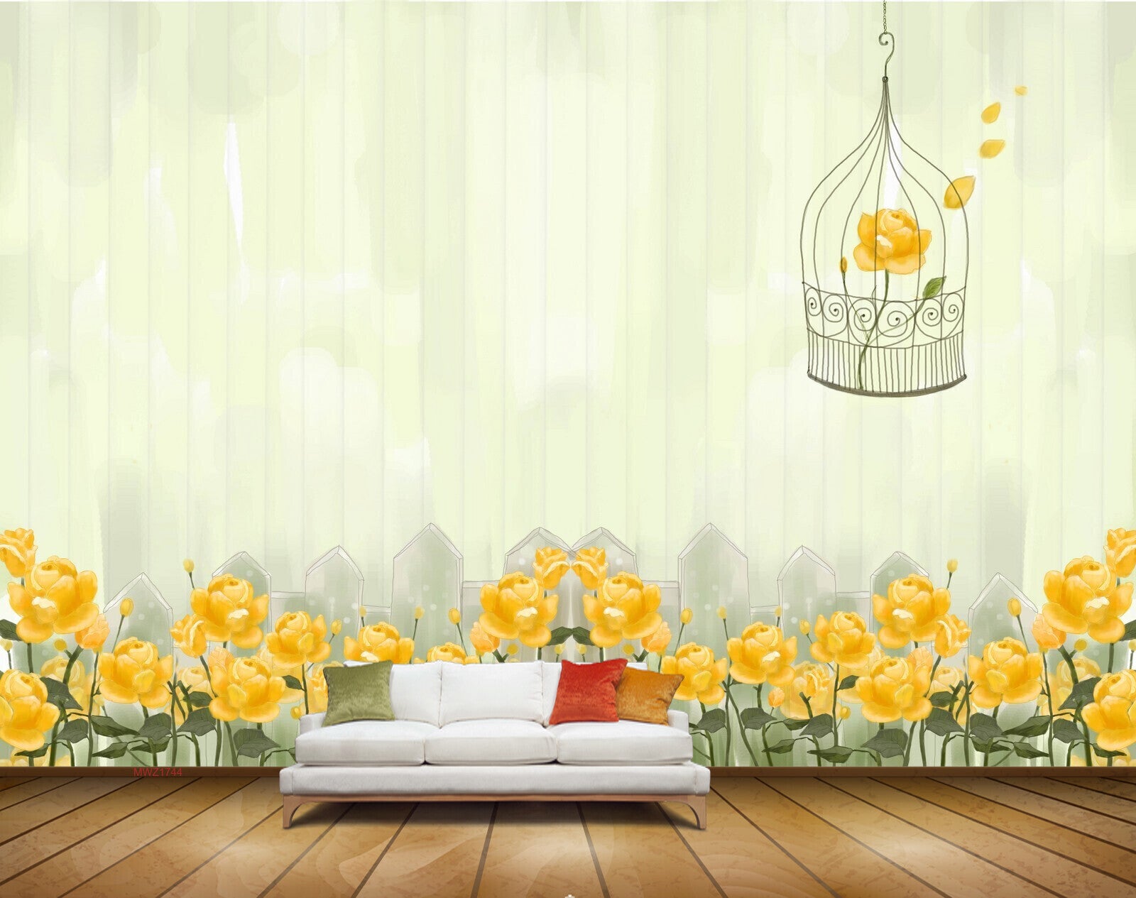 Avikalp MWZ1744 Orange Yellow Flowers Cage Bird 3D HD Wallpaper