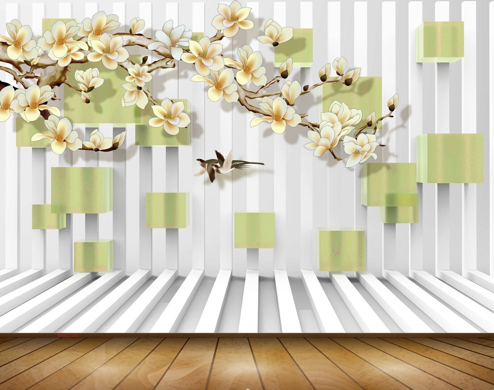 Avikalp MWZ1747 White Yellow Flowers Birds 3D HD Wallpaper