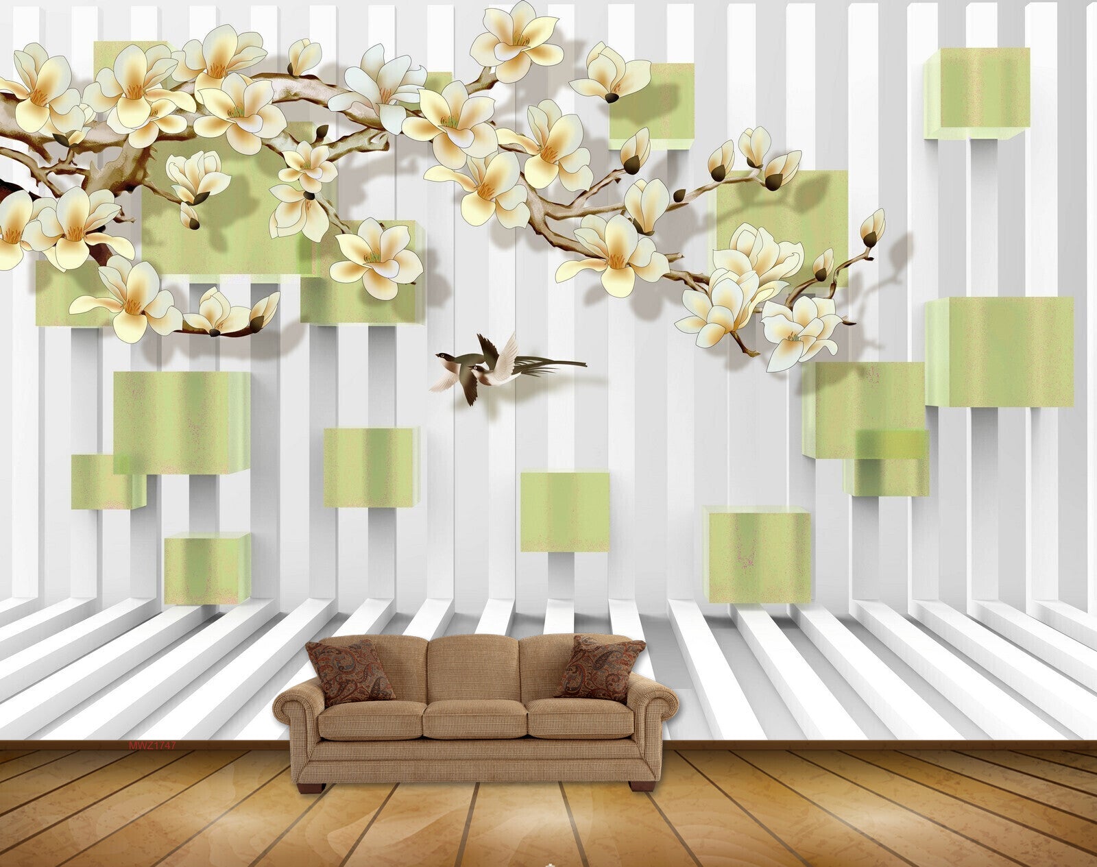 Avikalp MWZ1747 White Yellow Flowers Birds 3D HD Wallpaper