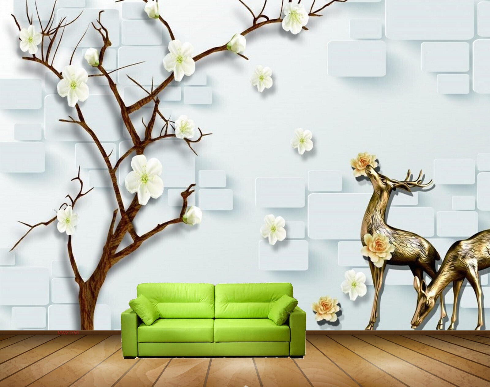 Avikalp MWZ1750 Deers White Flowers Tree HD Wallpaper