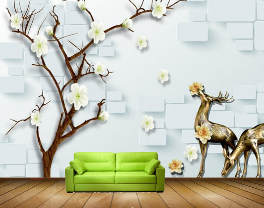 Avikalp MWZ1750 Deers White Flowers Tree HD Wallpaper