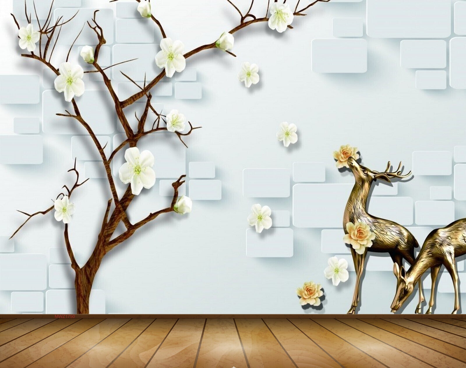 Avikalp MWZ1750 Deers White Flowers Tree 3D HD Wallpaper
