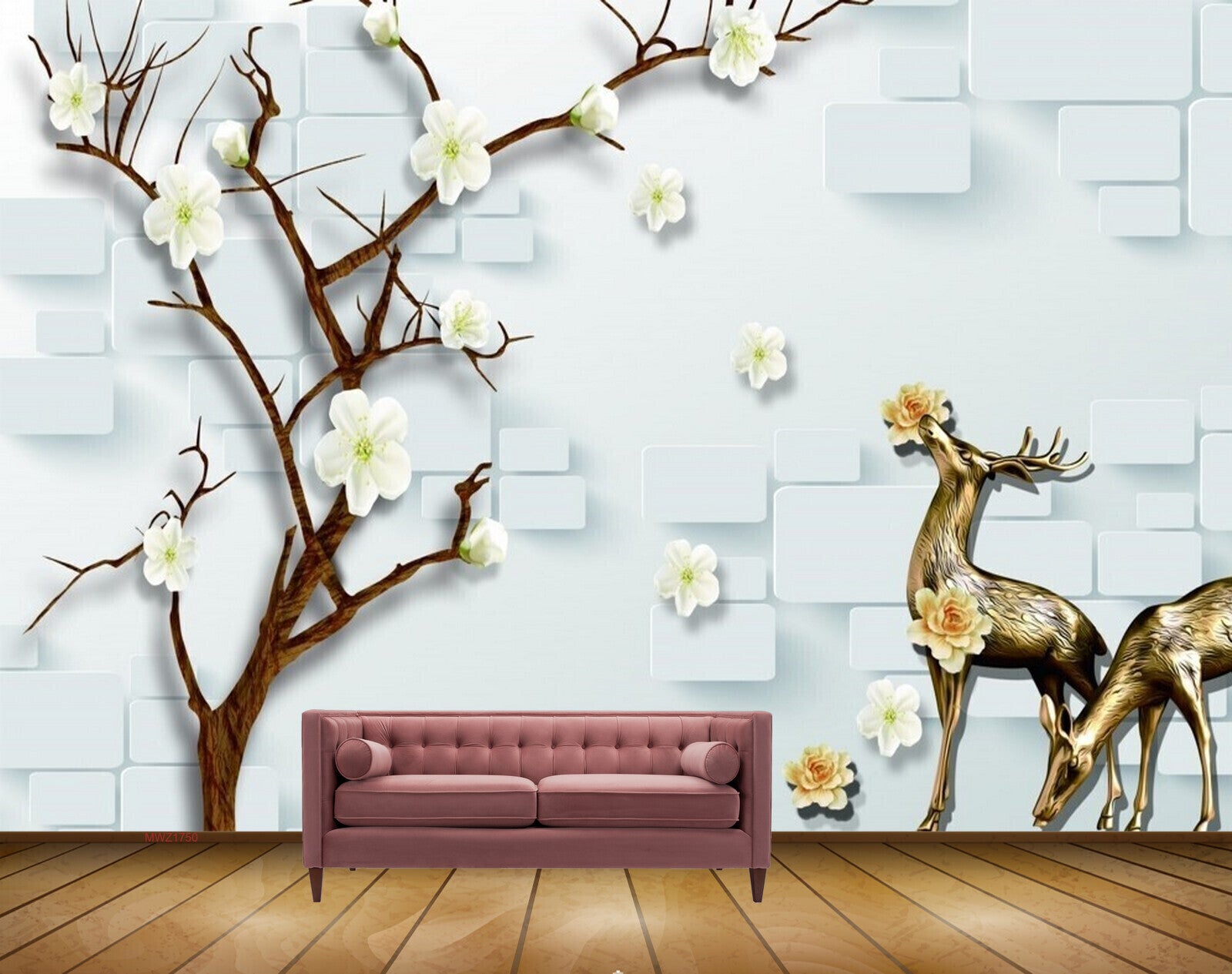 Avikalp MWZ1750 Deers White Flowers Tree 3D HD Wallpaper