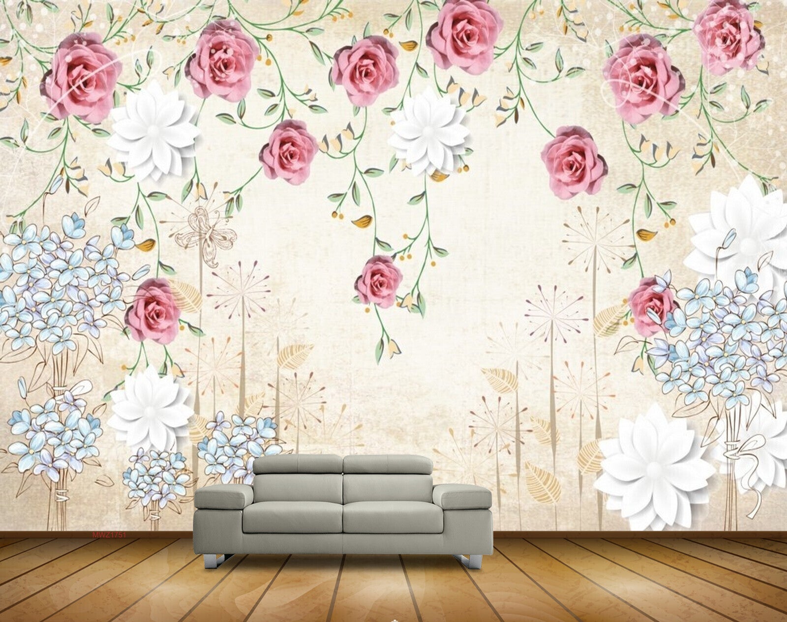 Avikalp MWZ1751 Pink White Flowers Leaves 3D HD Wallpaper