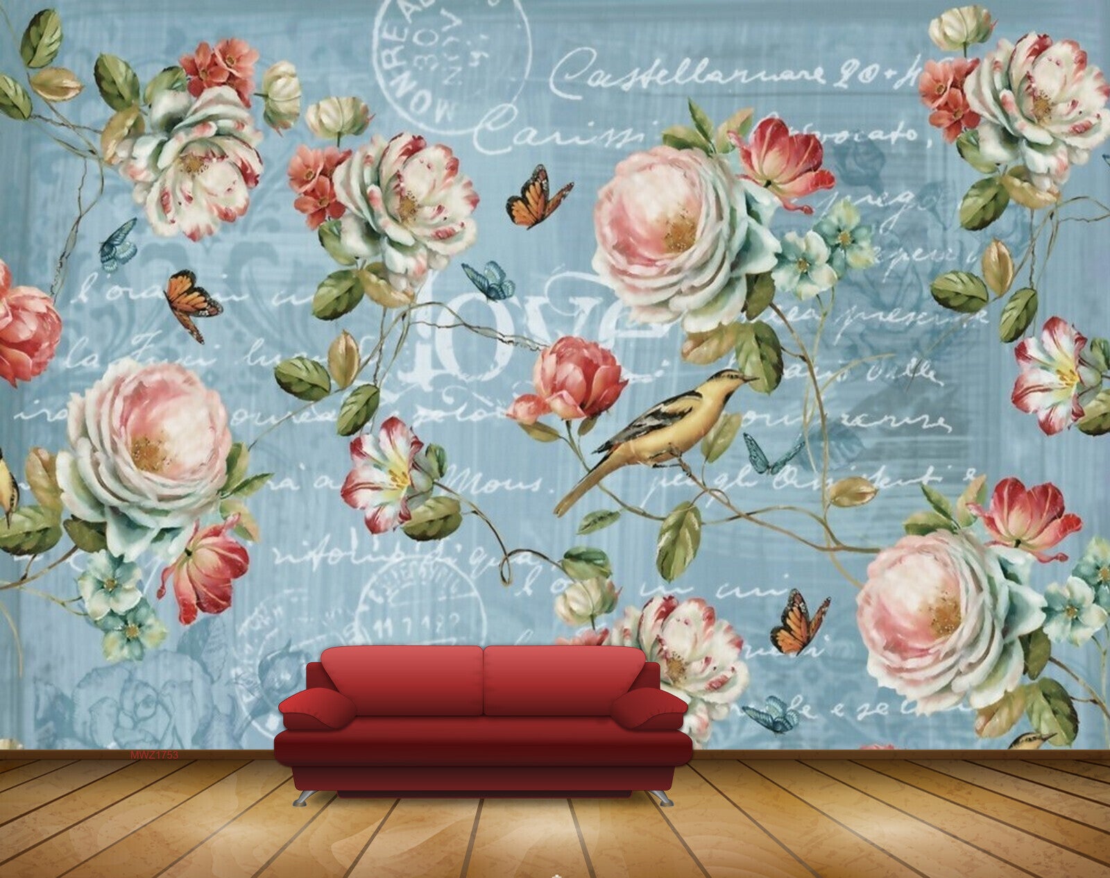 Avikalp MWZ1753 White Pink Flowers Birds Butterflies 3D HD Wallpaper