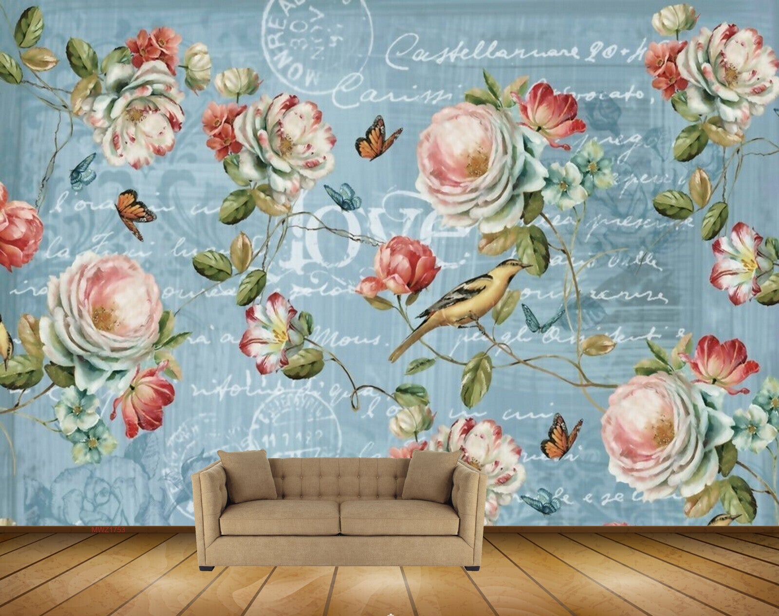 Avikalp MWZ1753 White Pink Flowers Birds Butterflies 3D HD Wallpaper
