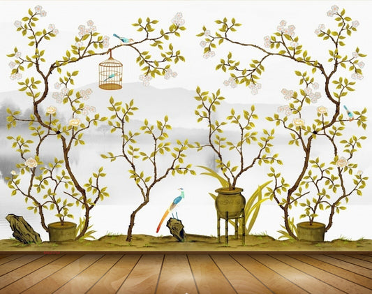 Avikalp MWZ1754 White Green Flowers Birds Cage Stones 3D HD Wallpaper