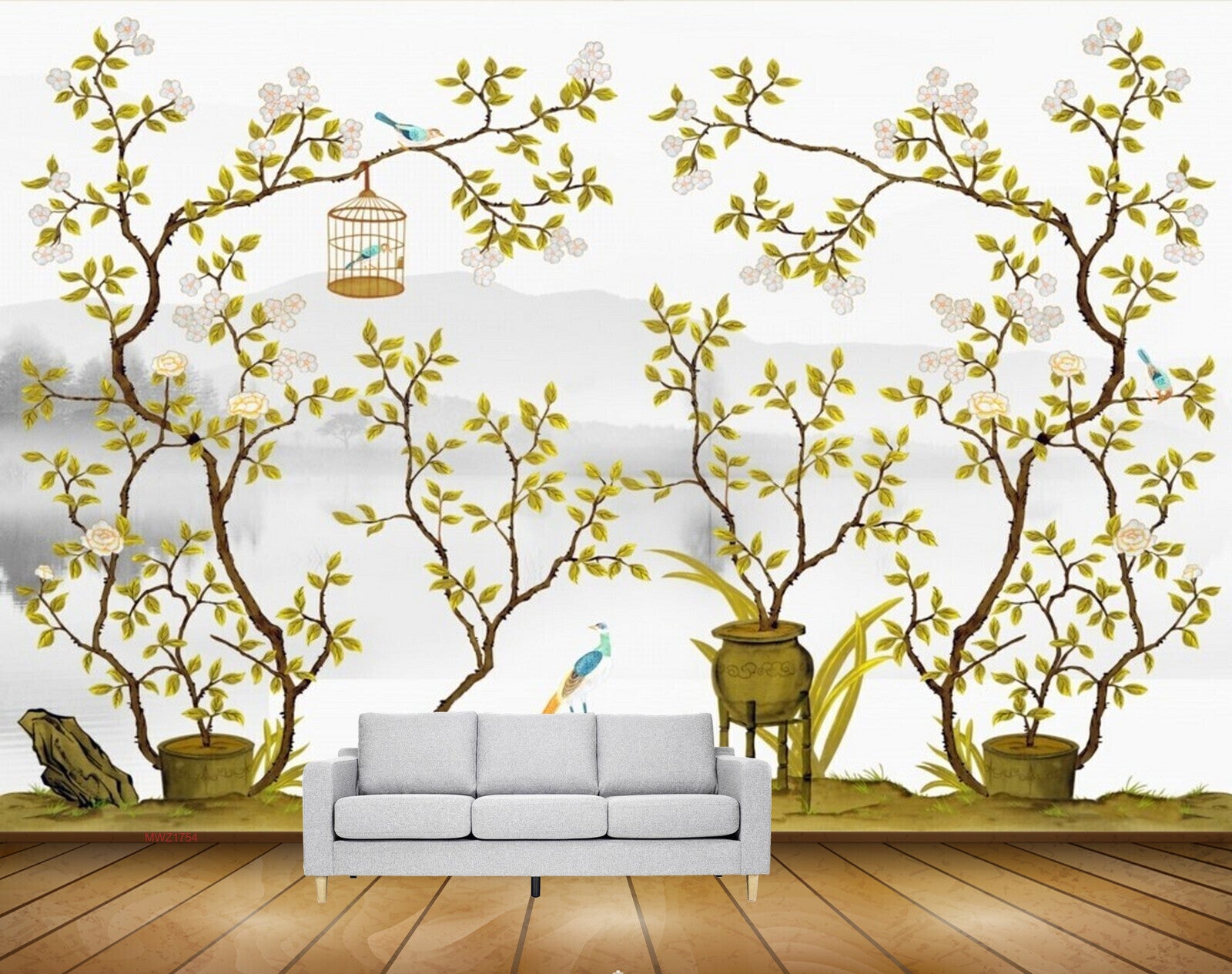 Avikalp MWZ1754 White Green Flowers Birds Cage Stones 3D HD Wallpaper