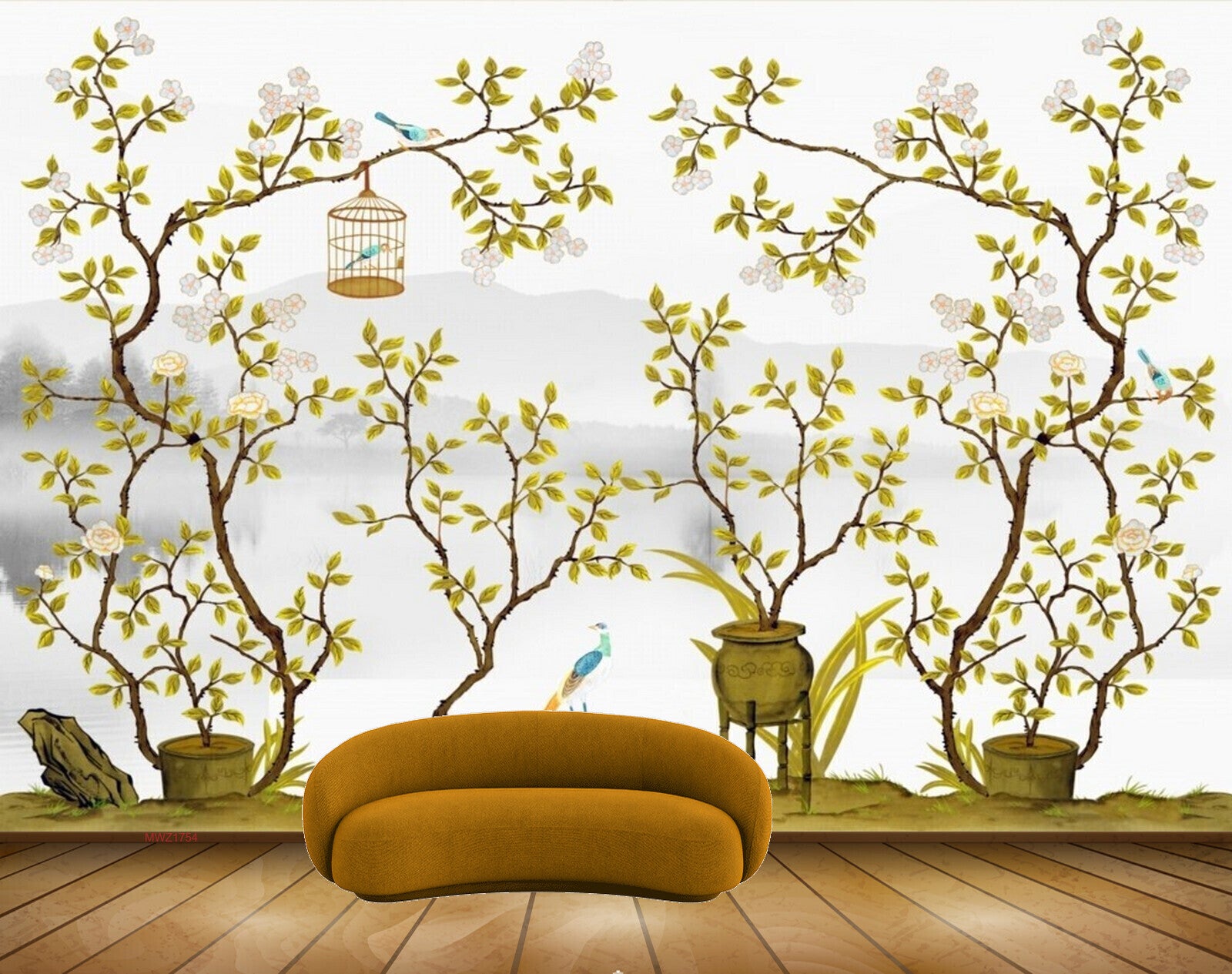 Avikalp MWZ1754 White Green Flowers Birds Cage Stones 3D HD Wallpaper