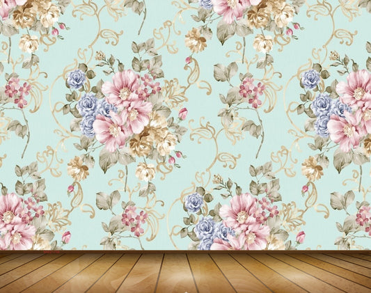 Avikalp MWZ1756 Pink Blue Flowers Leaves 3D HD Wallpaper