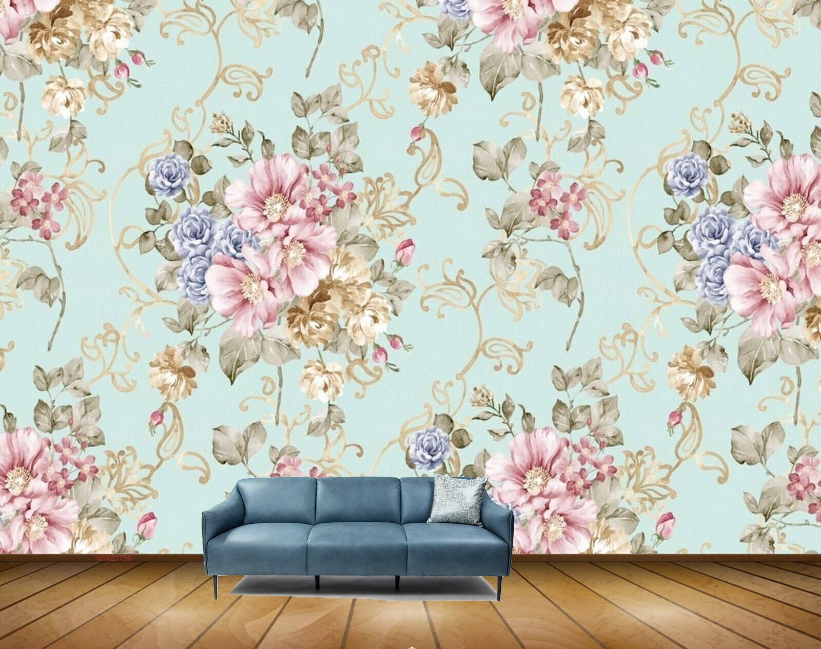 Avikalp MWZ1756 Pink Blue Flowers Leaves 3D HD Wallpaper