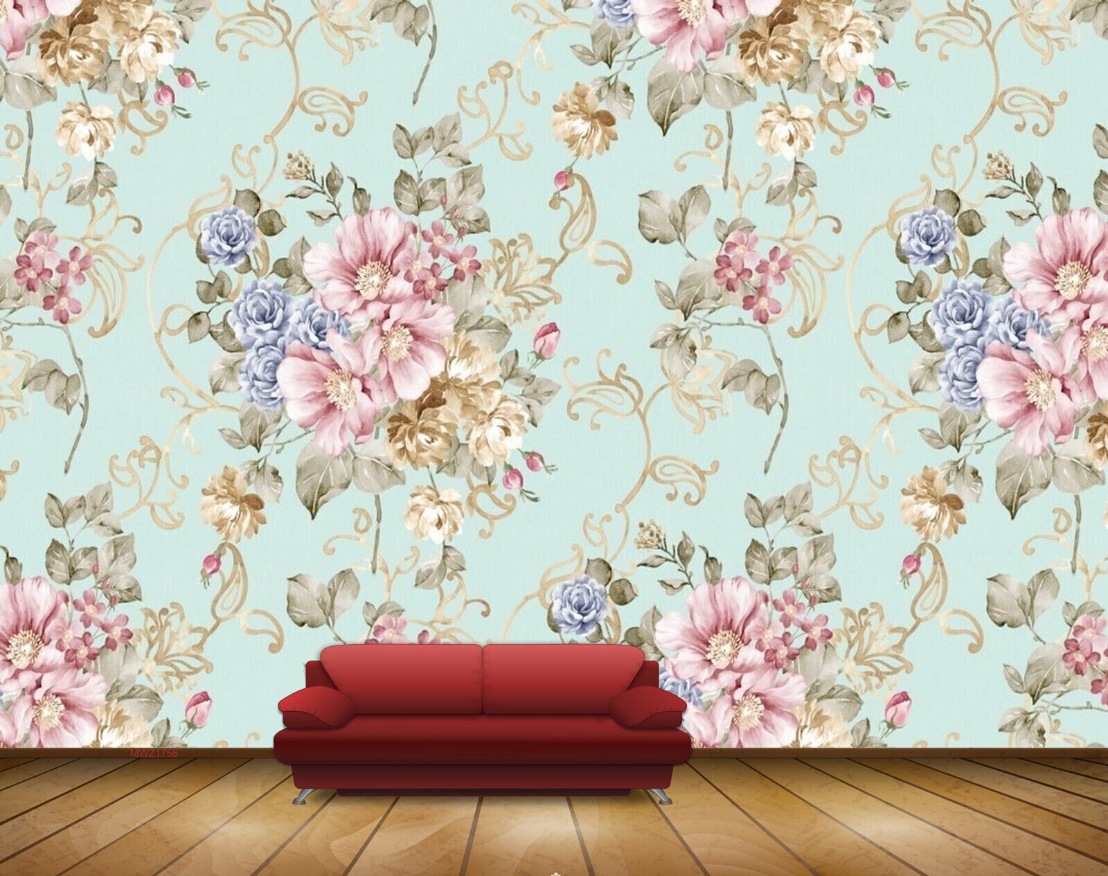 Avikalp MWZ1756 Pink Blue Flowers Leaves 3D HD Wallpaper