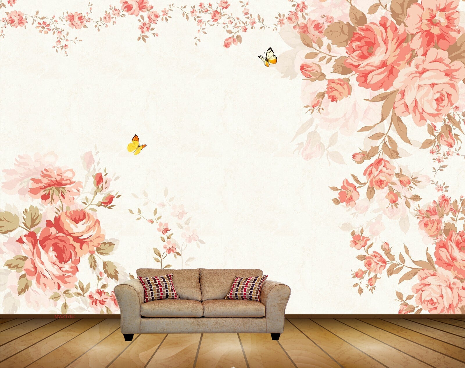 Avikalp MWZ1762 Peach Flowers Butterflies HD Wallpaper