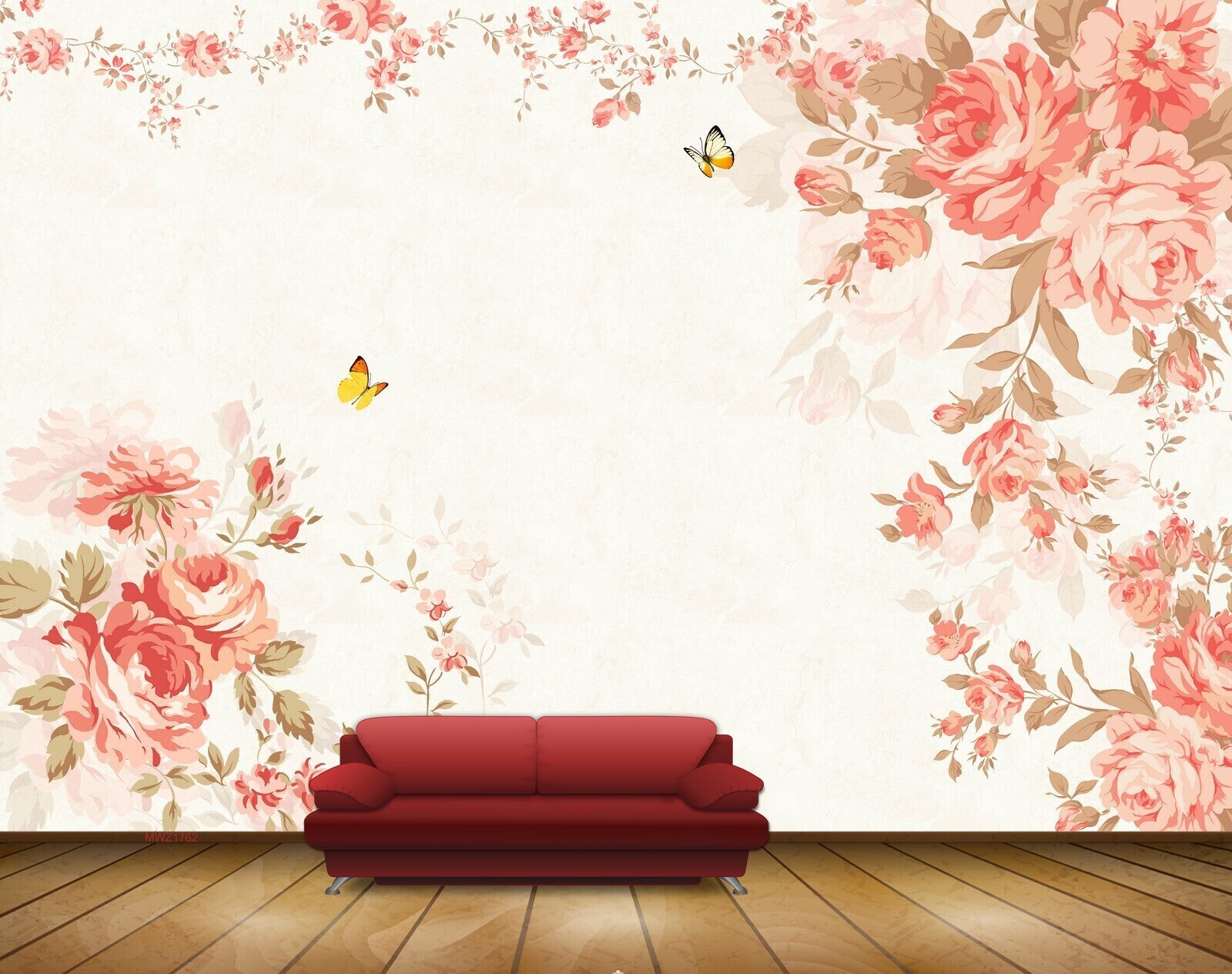 Avikalp MWZ1762 Peach Flowers Butterflies 3D HD Wallpaper