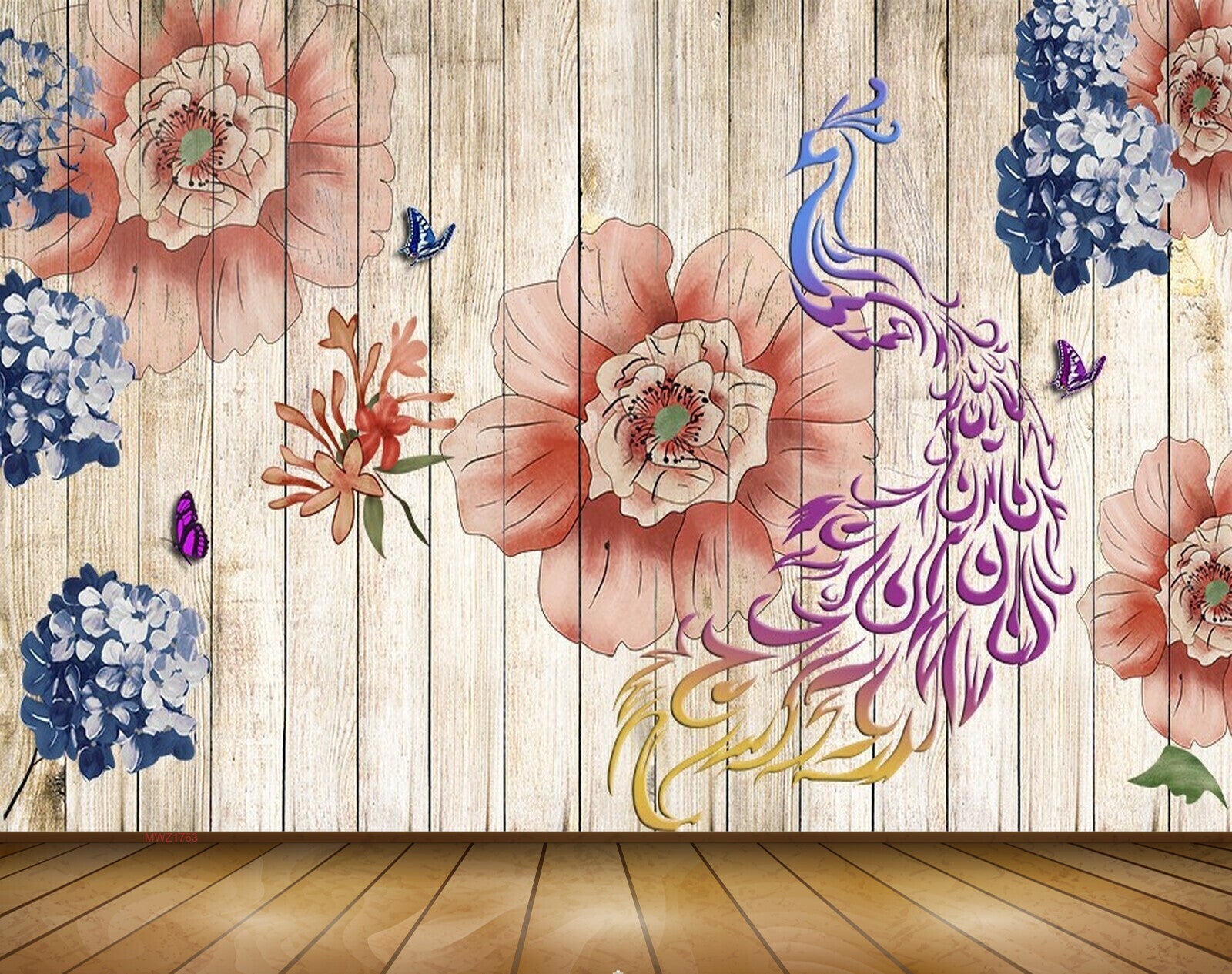 Avikalp MWZ1763 Peacock Orange Flowers Butterflies 3D HD Wallpaper