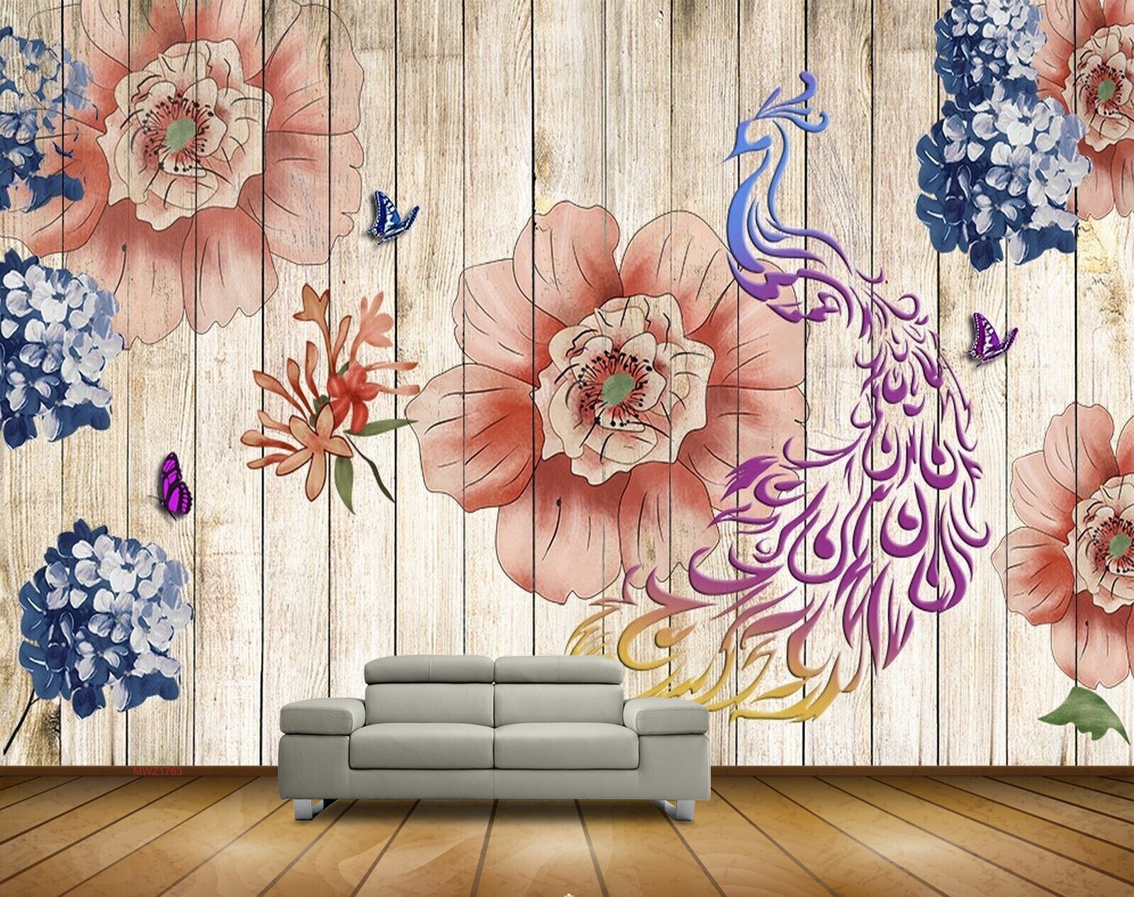 Avikalp MWZ1763 Peacock Orange Flowers Butterflies 3D HD Wallpaper