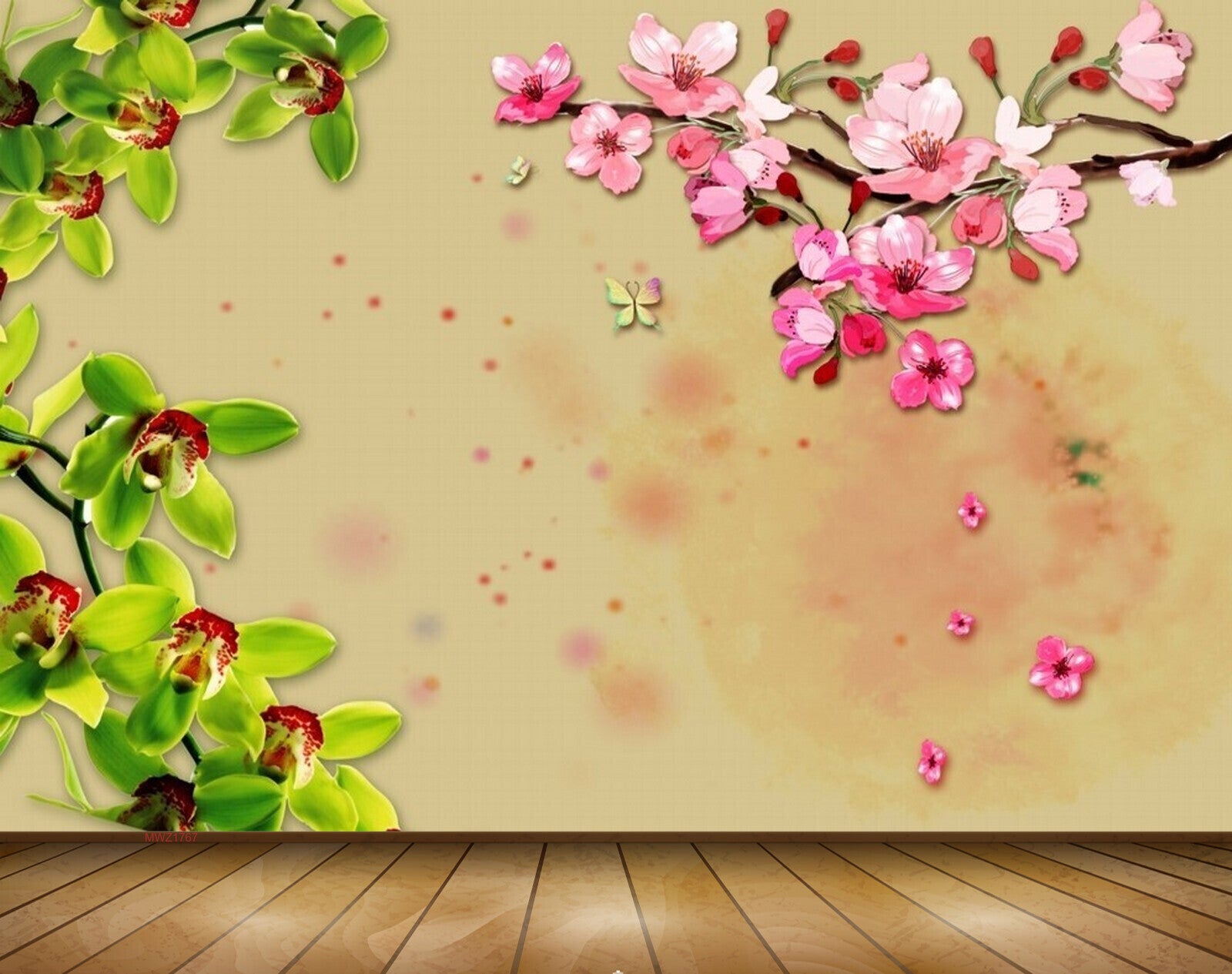 Avikalp MWZ1767 Pink Green Flowers 3D HD Wallpaper