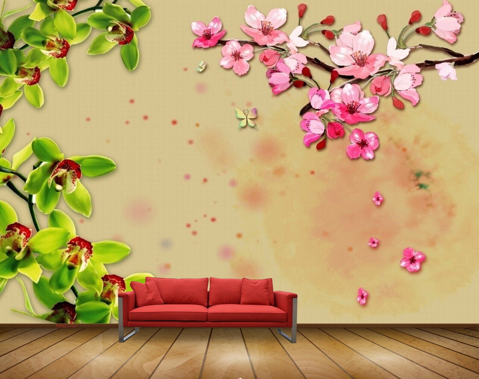 Avikalp MWZ1767 Pink Green Flowers 3D HD Wallpaper