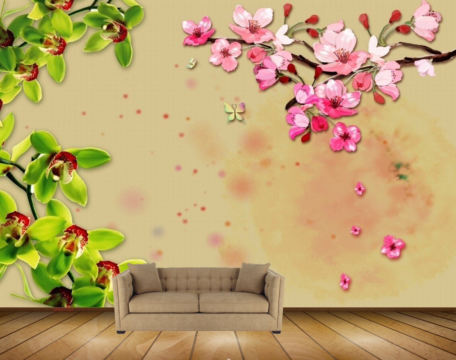 Avikalp MWZ1767 Pink Green Flowers 3D HD Wallpaper