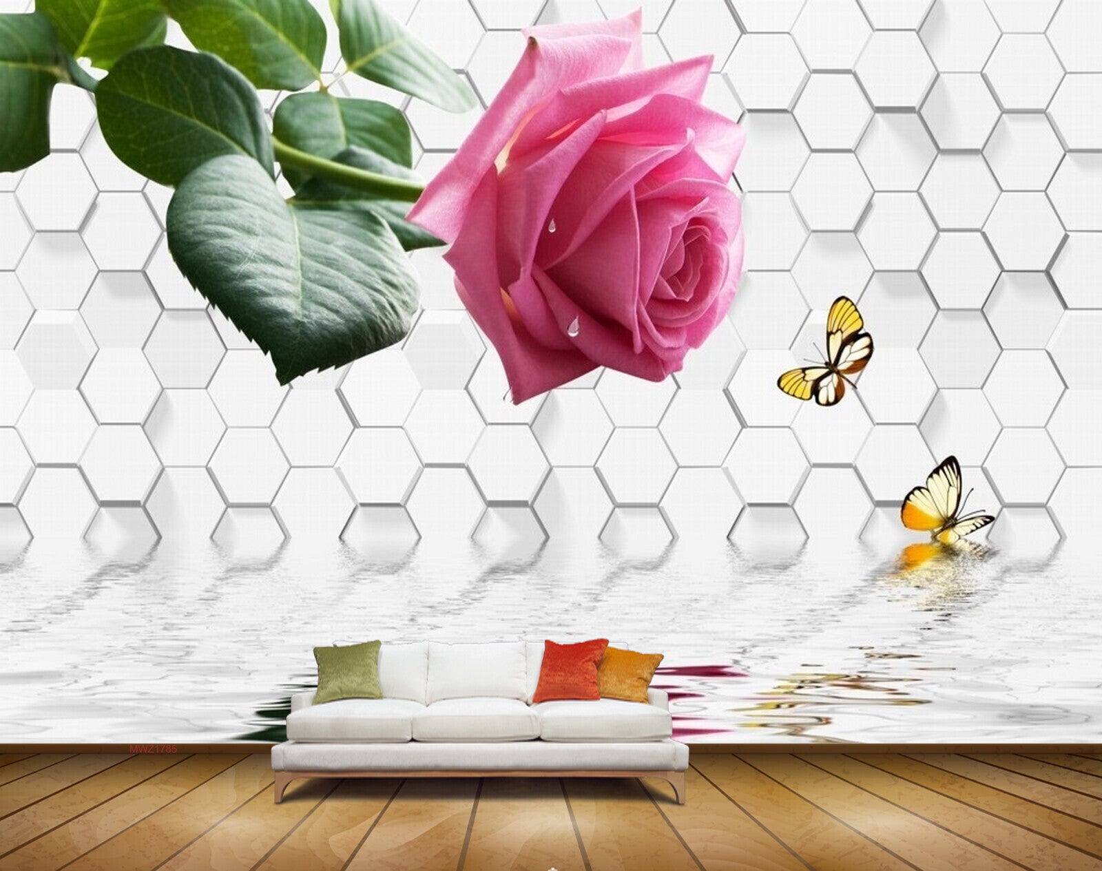 Avikalp MWZ1785 Pink Rose Flower Butterflies 3D HD Wallpaper