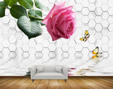 Avikalp MWZ1785 Pink Rose Flower Butterflies 3D HD Wallpaper