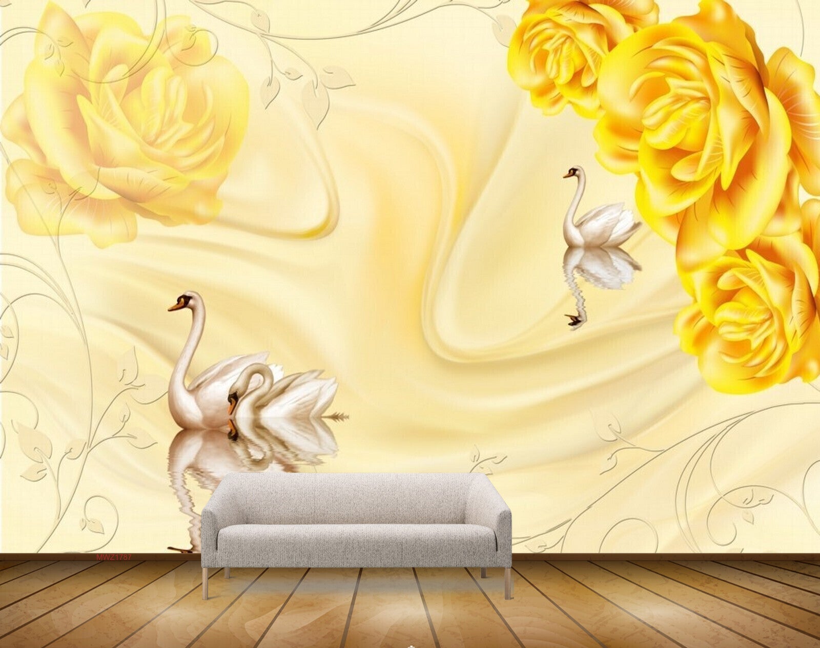 Avikalp MWZ1787 Yellow Flowers Cranes HD Wallpaper
