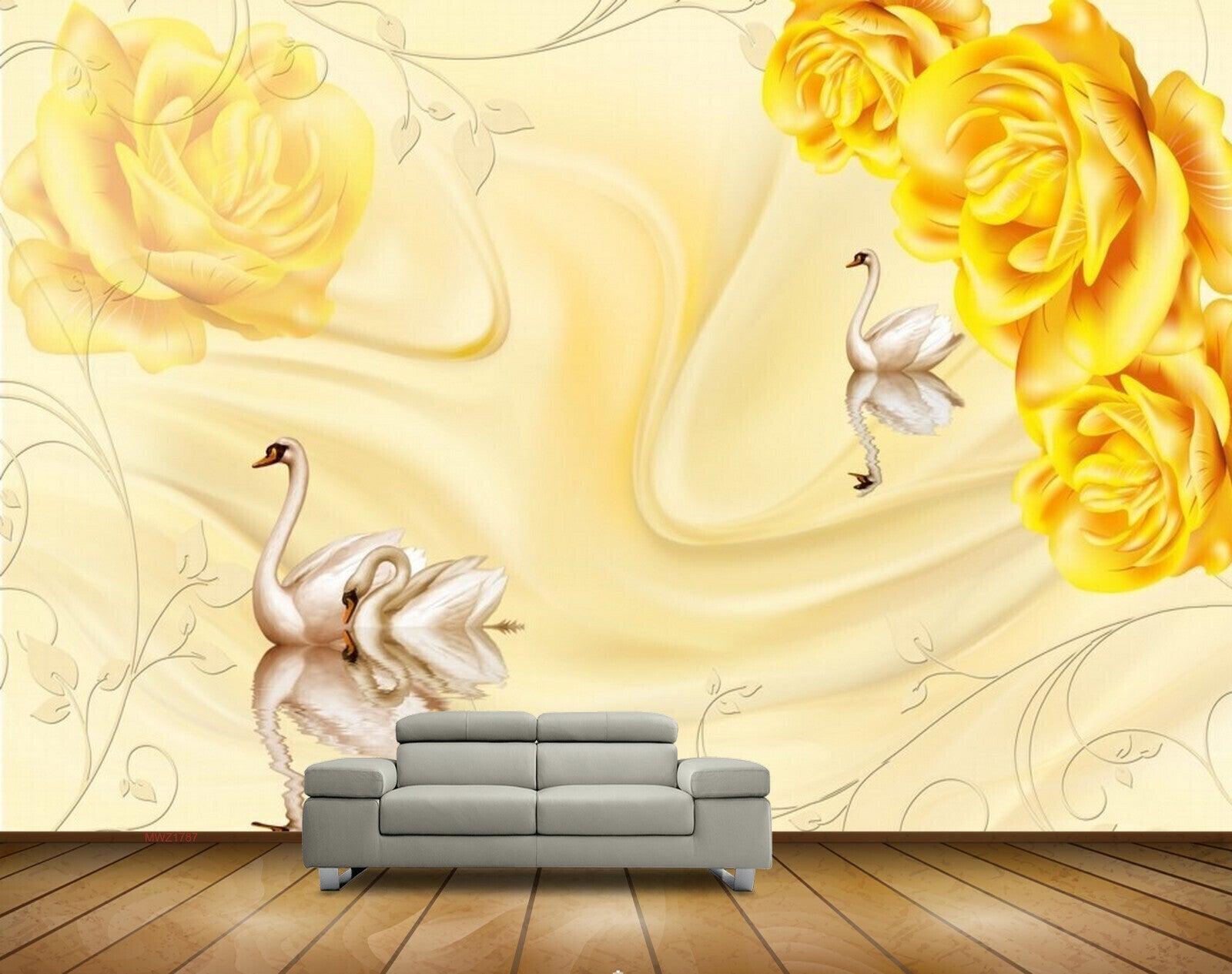 Avikalp MWZ1787 Yellow Flowers Cranes 3D HD Wallpaper