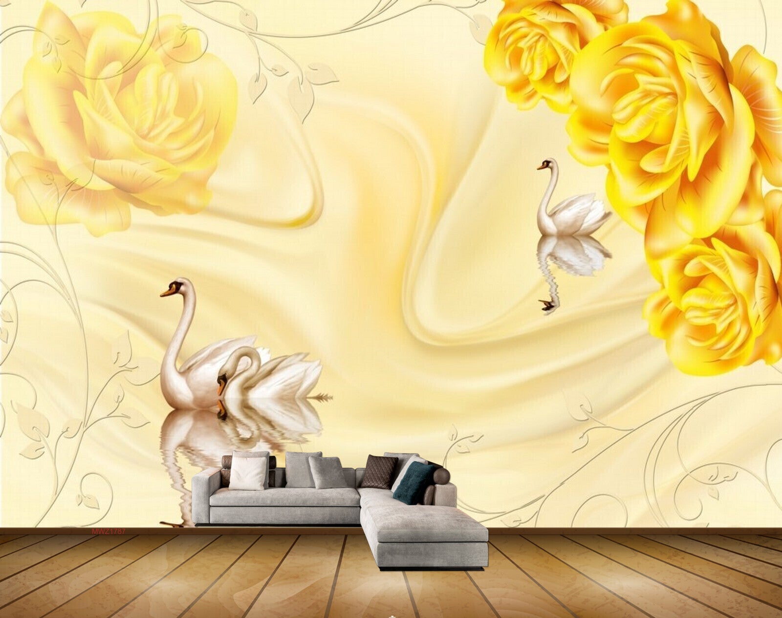 Avikalp MWZ1787 Yellow Flowers Cranes 3D HD Wallpaper