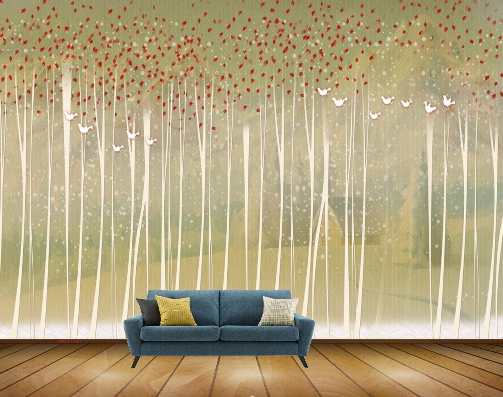 Avikalp MWZ1790 Red Flowers Trees Birds 3D HD Wallpaper