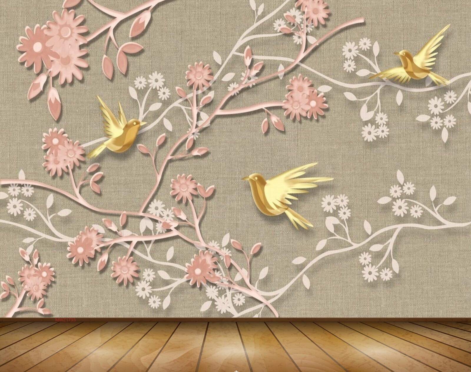 Avikalp MWZ1793 Peach Flowers Birds 3D HD Wallpaper