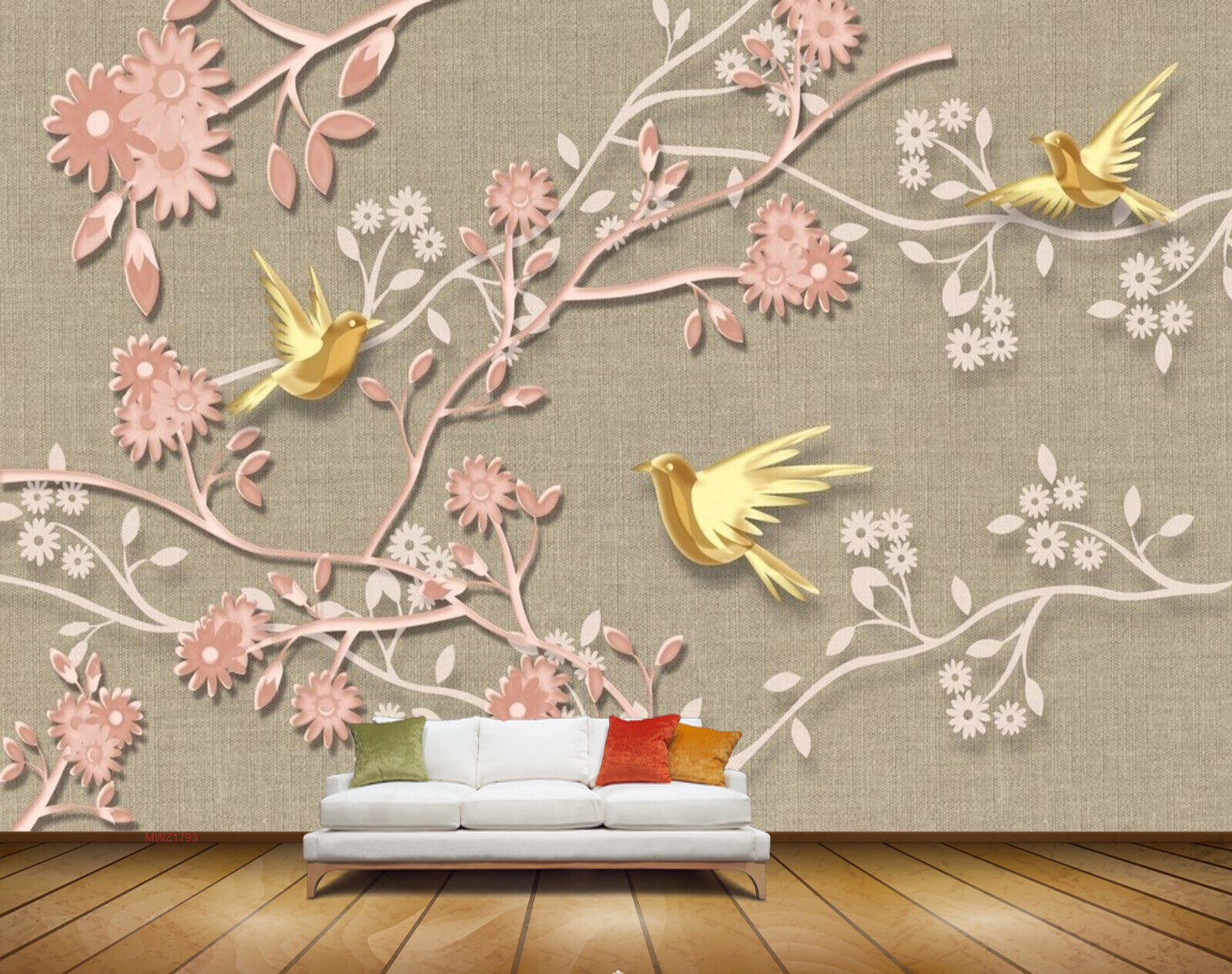 Avikalp MWZ1793 Peach Flowers Birds 3D HD Wallpaper