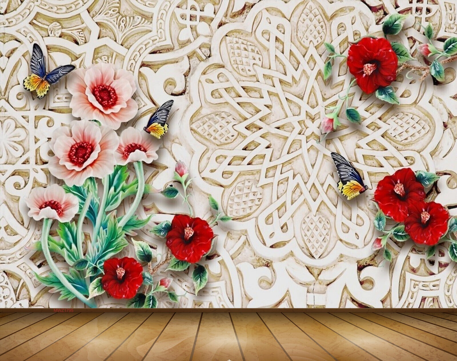 Avikalp MWZ1795 Red Flowers Butterflies 3D HD Wallpaper